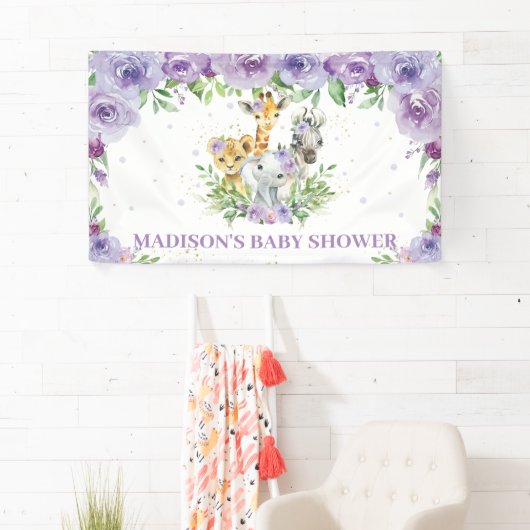 Oerwoud Dieren Safari Lila Paars Floral Backdrop Spandoek (Insitu)
