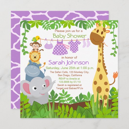 Oerwoud Dieren Safari Meisje Baby shower Uitnodigi Kaart (Voorkant / Achterkant)