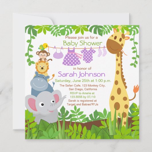 Oerwoud Dieren Safari Meisje Baby shower Uitnodigi Kaart (Voorkant)