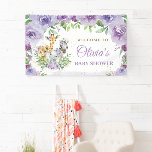 Oerwoud Dieren Safari Paarse Bloemen Achtergrond Spandoek (Insitu)