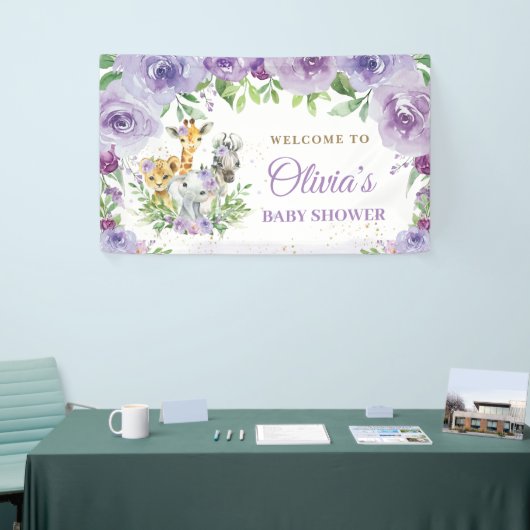 Oerwoud Dieren Safari Paarse Bloemen Achtergrond Spandoek (Beurs)