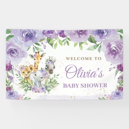 Oerwoud Dieren Safari Paarse Bloemen Achtergrond Spandoek (Horizontaal)