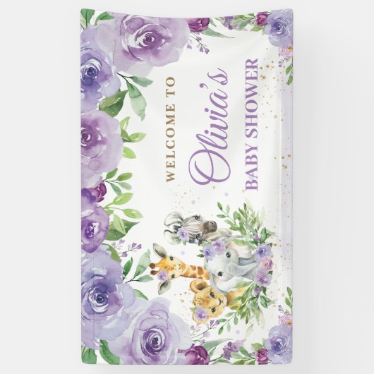 Oerwoud Dieren Safari Paarse Bloemen Achtergrond Spandoek (Verticaal)