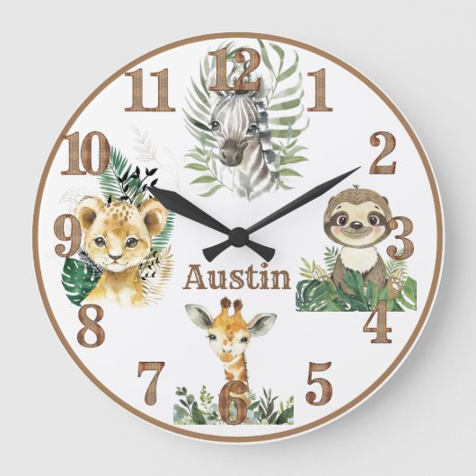 Oerwoud Dieren Safari Personalized Nursery Round Grote Klok (Voorkant)