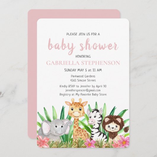 Oerwoud Dieren Safari Roze Baby shower Kaart (Voorkant / Achterkant)