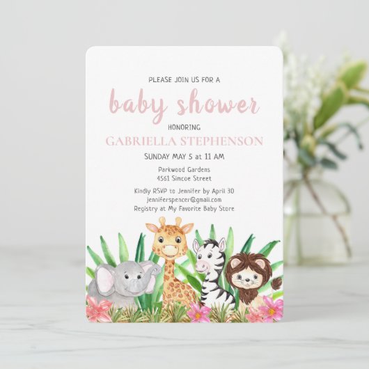 Oerwoud Dieren Safari Roze Baby shower Kaart (Staand voorkant)