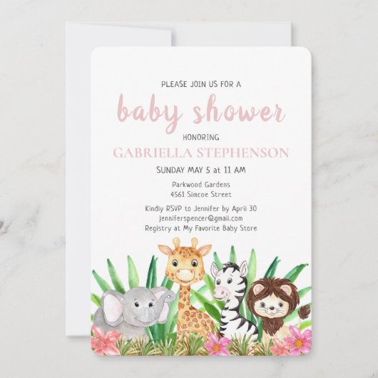 Oerwoud Dieren Safari Roze Baby shower Kaart (Voorkant)
