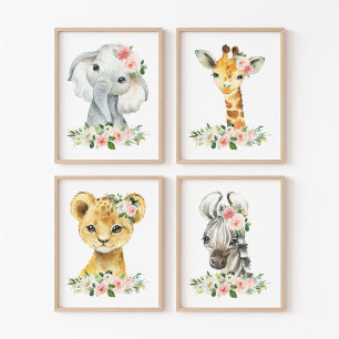 Oerwoud Dieren, Safari, Roze Bloemen, Meisjeskweke Muurkunst Sets