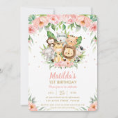 Oerwoud Dieren Safari Roze Floral 1e verjaardag Kaart (Voorkant)