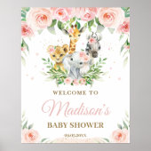 Oerwoud Dieren Safari Roze Floral Baby Welkom Poster (Voorkant)