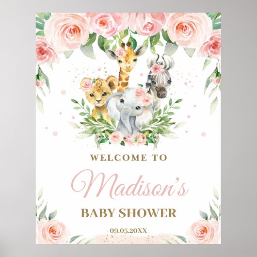 Oerwoud Dieren Safari Roze Floral Baby Welkom Poster (Voorkant)