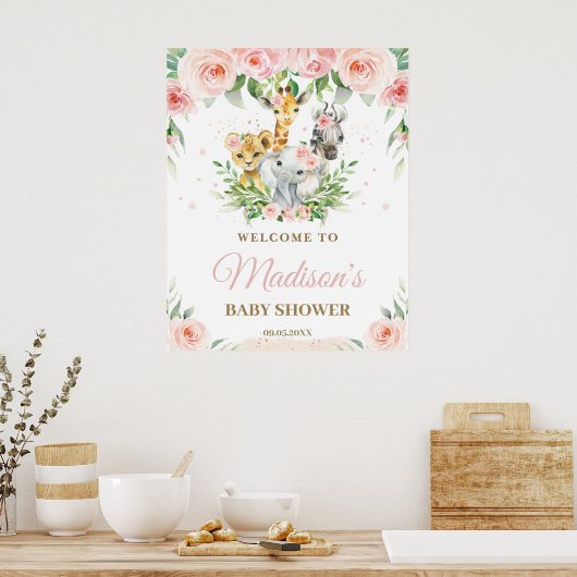 Oerwoud Dieren Safari Roze Floral Baby Welkom Poster (Keuken)