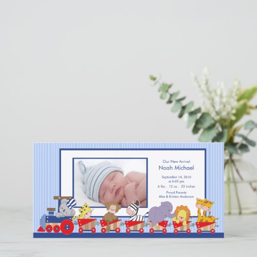 Oerwoud Dieren Train Baby Boy Geboorteaankondiging Aankondiging (Staand voorkant)