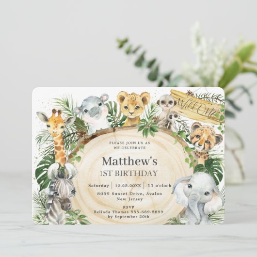 Oerwoud dieren woonden een eerste verjaardag in he kaart (Staand voorkant)