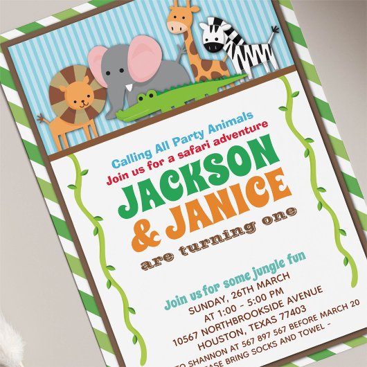 Oerwoud dierentuin Safari Joint Twins Birthday Kaart