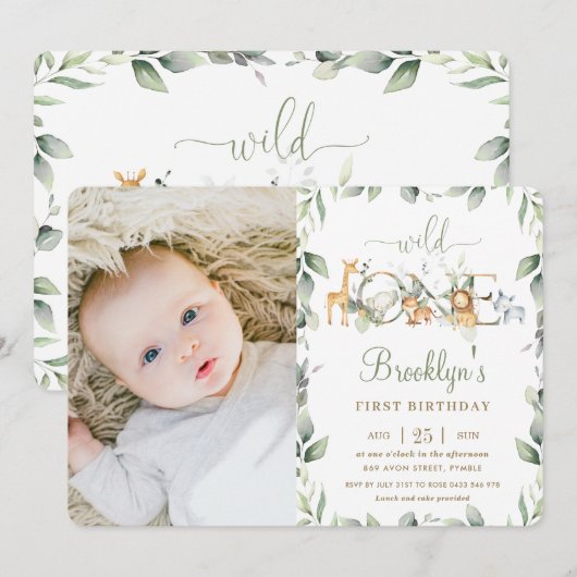 Oerwoud Dierlijk groen 1e Verjaardag Jongen Meisje Kaart (Voorkant / Achterkant)