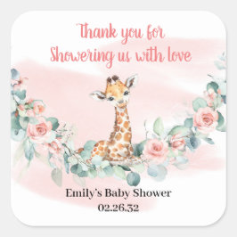 Oerwoud Dierlijke Giraffe Eucalyptus Roze Bloemen Vierkante Sticker