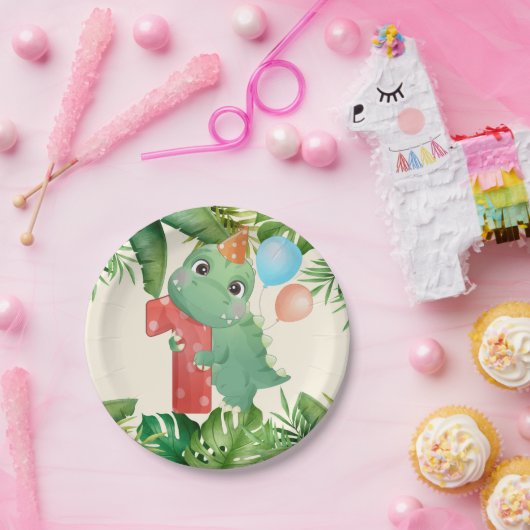 Oerwoud Dinosaur Palm Leaves 1st Birthday Party Papieren Bordje (Feest)