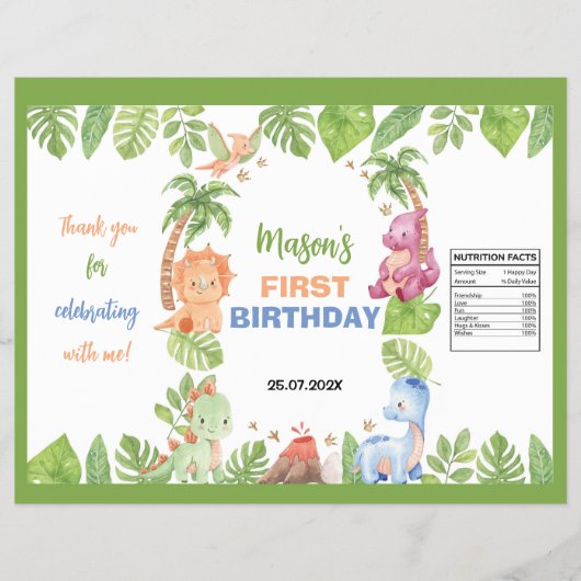 Oerwoud Dinosaurus 1e Verjaardag Chip Bag Wrapper Flyer (Voorkant)