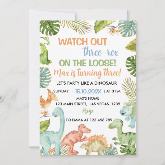 Oerwoud Dinosaurus Drie-rex Verjaardagsuitnodiging Kaart (Voorkant)