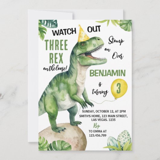 Oerwoud Dinosaurus Drie-rex Verjaardagsuitnodiging Kaart (Voorkant)