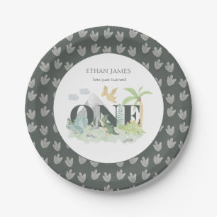 Oerwoud Dinosaurus Jongen 1e Verjaardag Schattigee Papieren Bordje