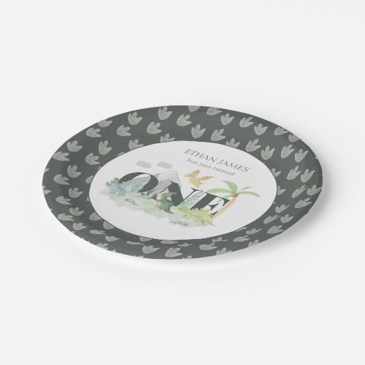 Oerwoud Dinosaurus Jongen 1e Verjaardag Schattigee Papieren Bordje (Gekanteld)