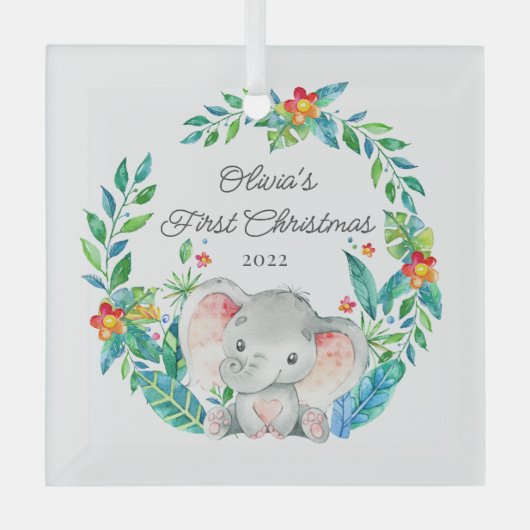 Oerwoud Elephant Baby's Eerste Kerstmis Glas Ornament (Voorkant)