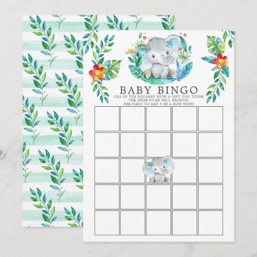Oerwoud Elephant BINGO Baby shower Game Kaart (Voorkant / Achterkant)