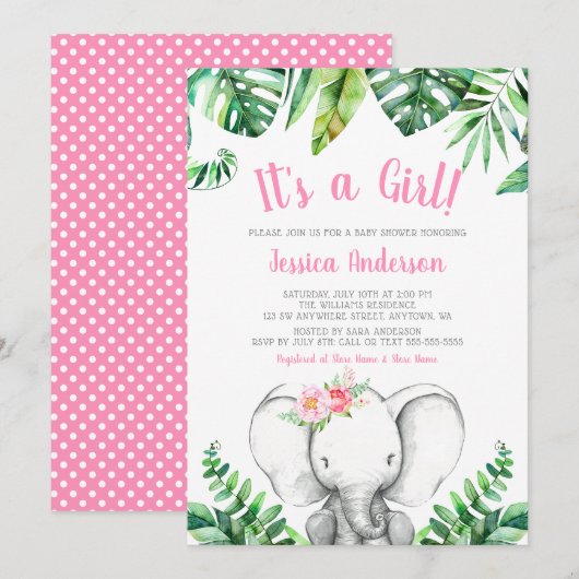 Oerwoud Elephant Girl Baby Shower Invitations Kaart (Voorkant / Achterkant)