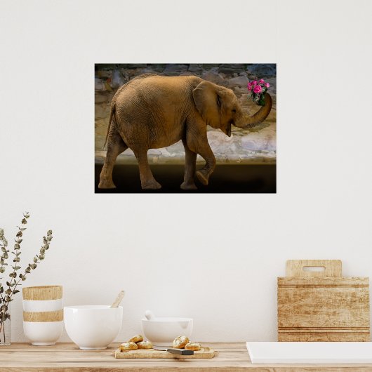 Oerwoud Elephant Holding Flowers Poster (Keuken)