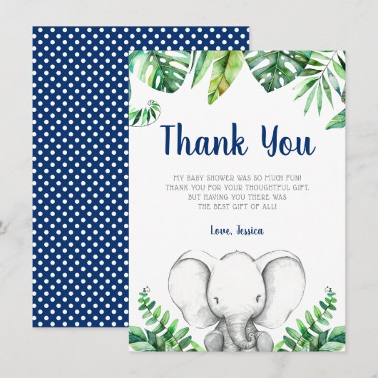 Oerwoud Elephant Navy Boy Baby shower Bedankkaart (Voorkant / Achterkant)