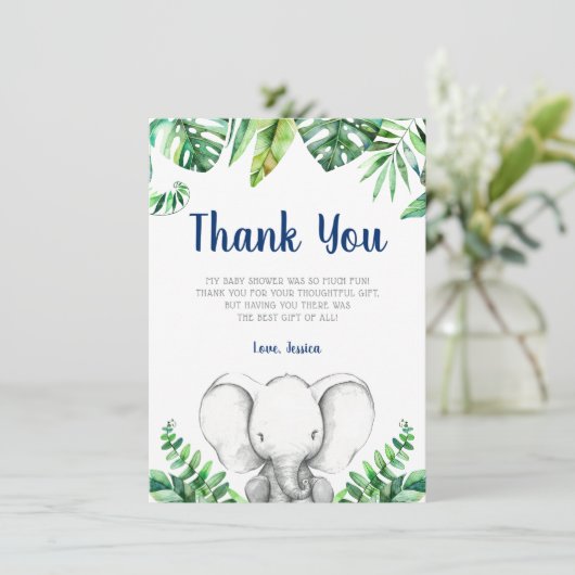 Oerwoud Elephant Navy Boy Baby shower Bedankkaart (Staand voorkant)