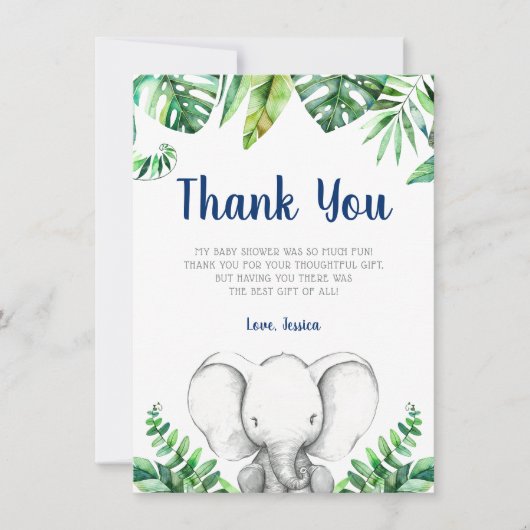 Oerwoud Elephant Navy Boy Baby shower Bedankkaart (Voorkant)