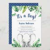 Oerwoud Elephant Navy Boy Baby Shower Invitations Kaart (Voorkant / Achterkant)