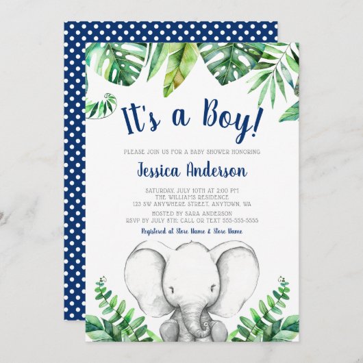 Oerwoud Elephant Navy Boy Baby Shower Invitations Kaart (Voorkant / Achterkant)