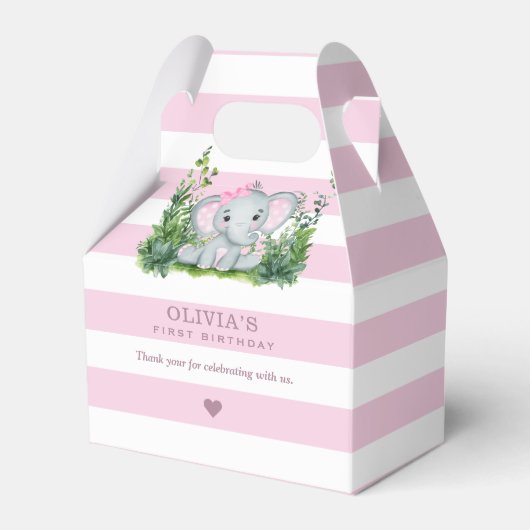 Oerwoud Elephant Pink 1st Birthday Party Dank u Bedankdoosjes (Voorkant Zijde)
