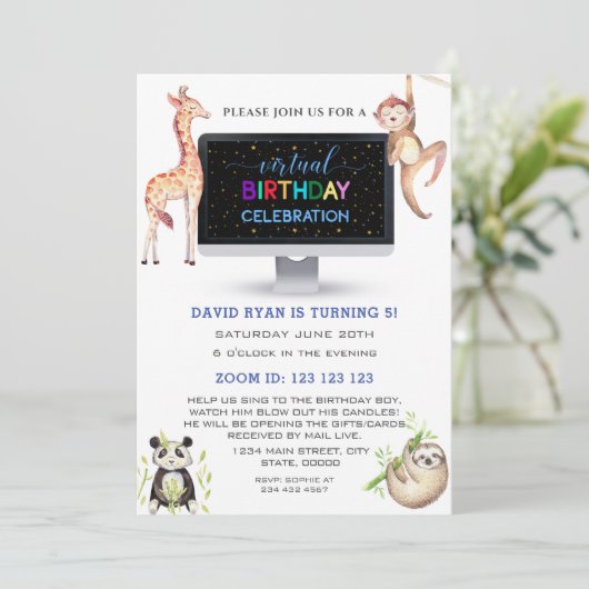 Oerwoud Forest Friends Boy Virtual Birthday Party Kaart (Staand voorkant)