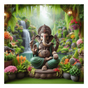 Oerwoud Ganesha Serene Waterval Goddelijke Kunst Foto Afdruk