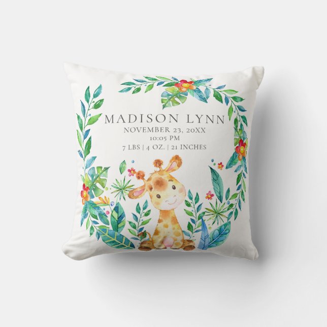 Oerwoud Giraffe Baby Geboorte Stats Kussen (Voorkant)