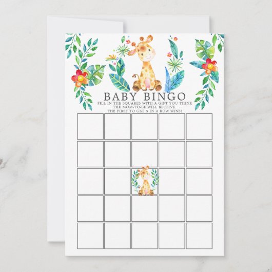 Oerwoud Giraffe BINGO Baby shower Game Kaart (Voorkant)