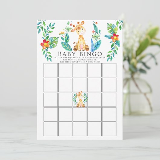 Oerwoud Giraffe BINGO Baby shower Game Kaart (Staand voorkant)