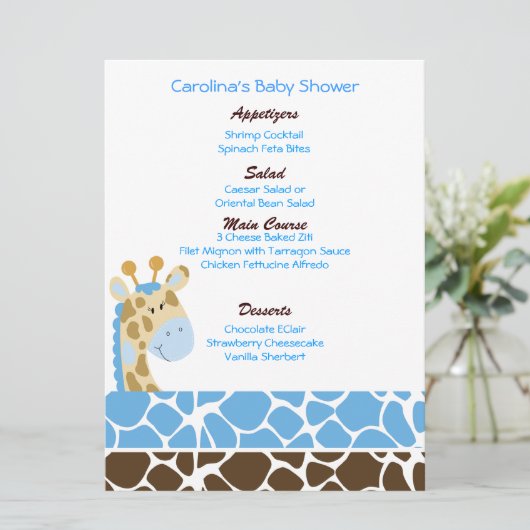 Oerwoud Giraffe Blue Custom Baby shower Menu (Staand voorkant)
