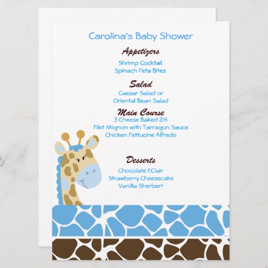 Oerwoud Giraffe Blue Custom Baby shower Menu (Voorkant / Achterkant)