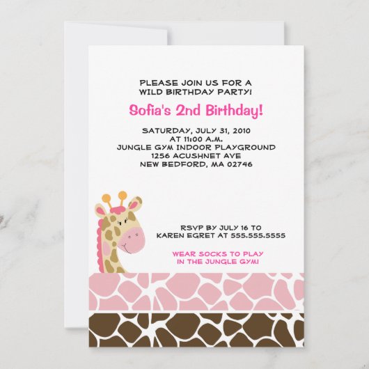 Oerwoud Giraffe Print (roze) Birthday Party nodigt Kaart (Voorkant)