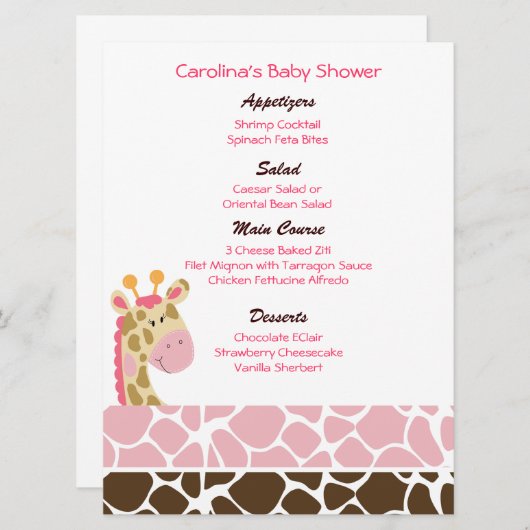Oerwoud Giraffe Roze menu Aangepast Baby shower (Voorkant / Achterkant)