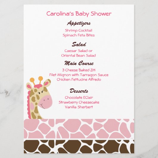 Oerwoud Giraffe Roze menu Aangepast Baby shower (Voorkant)