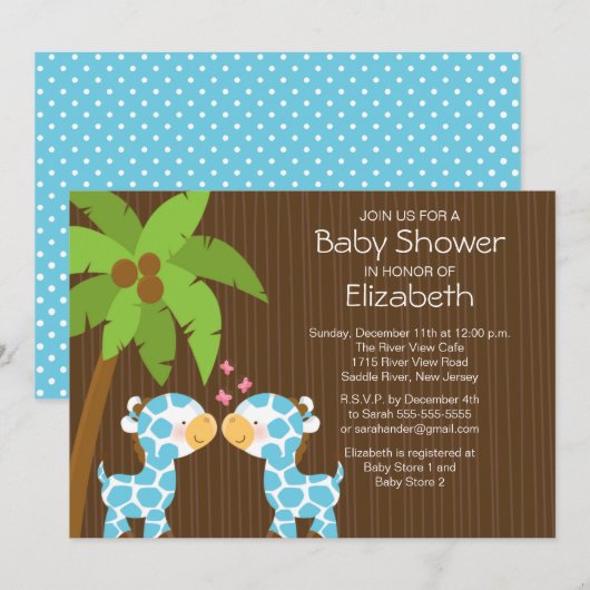Oerwoud Giraffe Twin Boys Baby shower Uitnodiging (Voorkant / Achterkant)