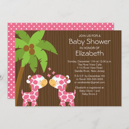 Oerwoud Giraffe Twin Girls Baby shower Uitnodiging (Voorkant / Achterkant)