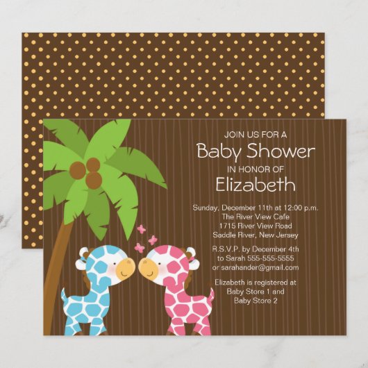 Oerwoud Giraffe Twins Baby shower Invitation Kaart (Voorkant / Achterkant)